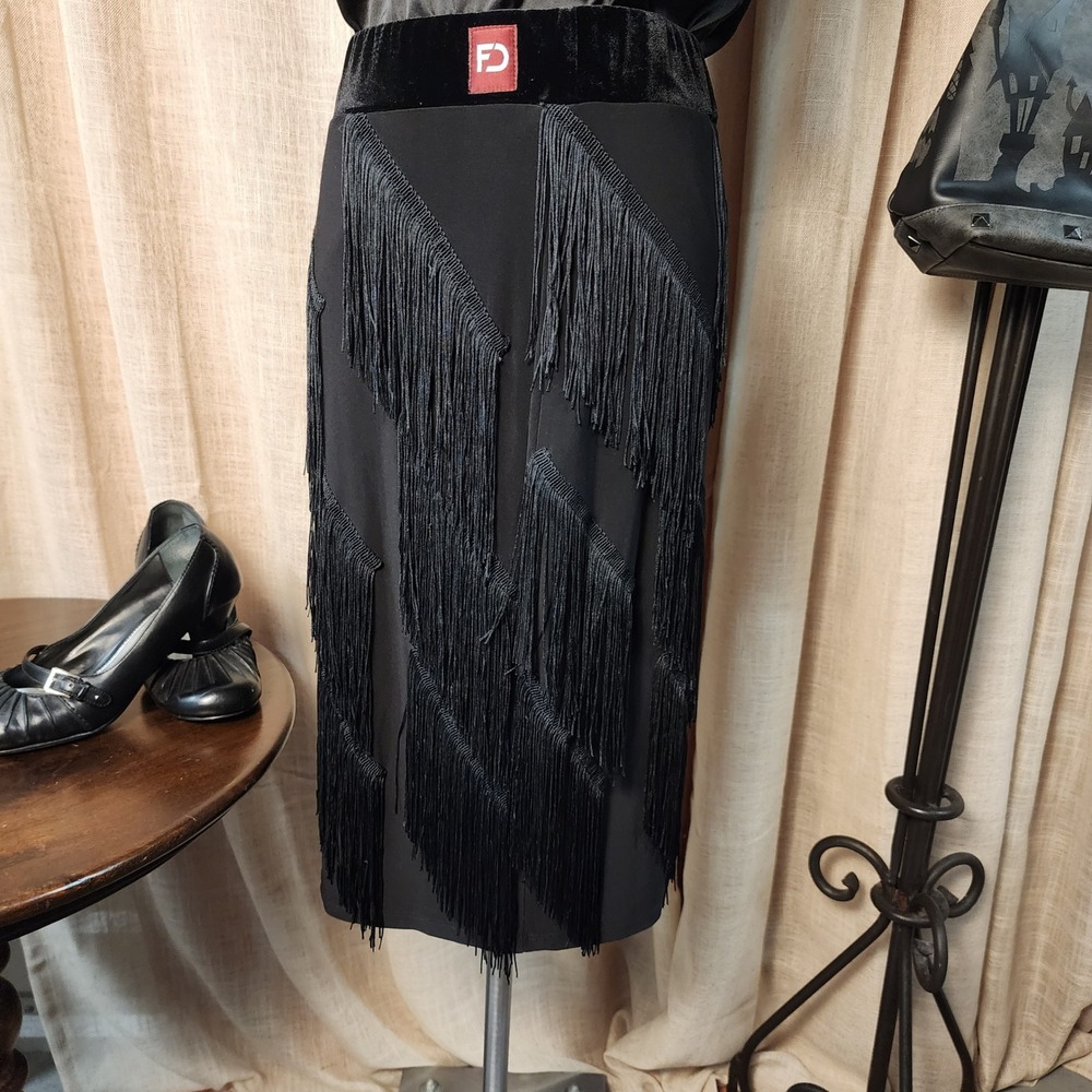 FD Company Black Fringe Latin Dance Skirt Built In Briefs Ballroom Tango S/M